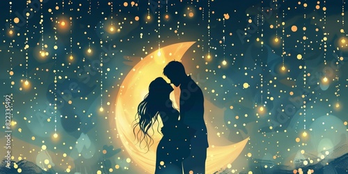 Illustrate a banner with a background of twinkling stars and a crescent moon, with a silhouette of a couple kissing, and the text 'Love is in the Air' in a dreamy font