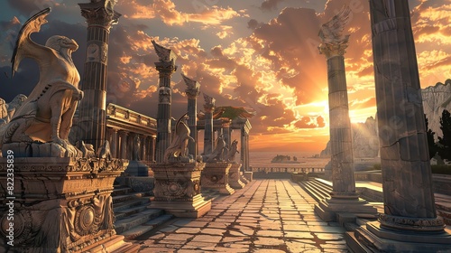 Ancient Roman ruins with majestic columns and statues at sunset. photo