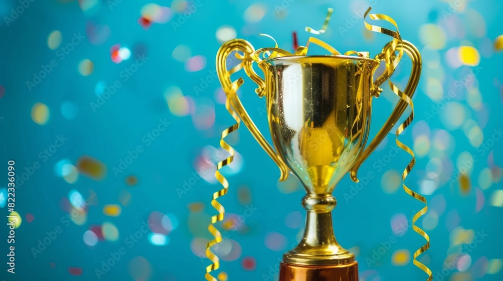 Golden trophy and streamers, business and competition concept, blue background. Golden trophy and streamers, business and competition concept, blue background.