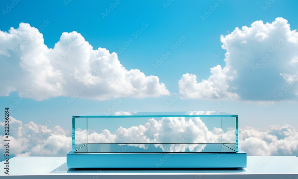 Glass Podium with Dreamy Cloud and Blue Sky Setting Glass Podium with Dreamy Cloud and Blue Sky Setting