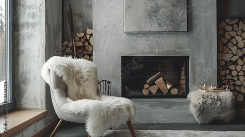 cozy living room corner with furcovered accent chair and concrete fireplace modern loft interior design home decor photo