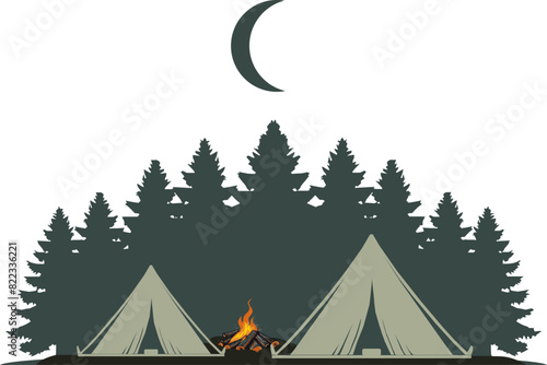 Vektor Silhouette Design Element - Camping mit Lagerfeuer im Wald - Zelt in der Natur - Romantik