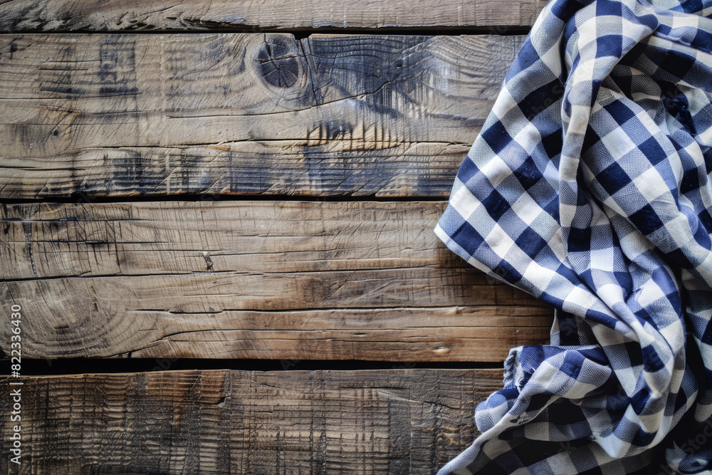 Rustic Wooden Table with Blue and White Checkered Fabric for Culinary and Home Decor Themes Rustic Wooden Table with Blue and White Checkered Fabric for Culinary and Home Decor Themes