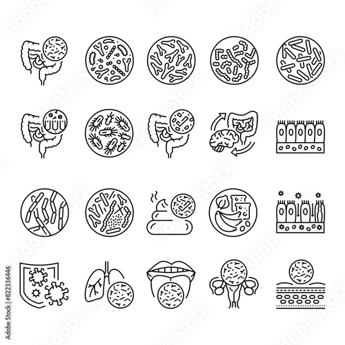 Microbiome line black icons. Human microflora. Sign for web page, mobile app, button, logo. Vector isolated button.
