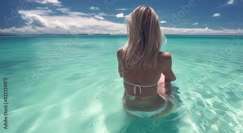 Serene Tropical Beach Scene Featuring a Blonde Woman in White Bikini Relaxing in Crystal Clear Water 