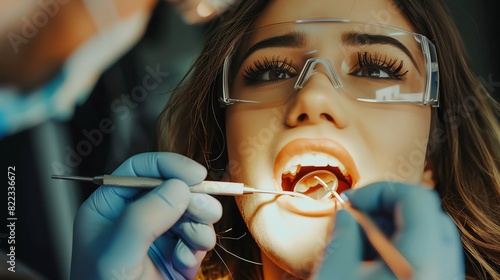 A woman is getting her teeth cleaned by a dentist photo