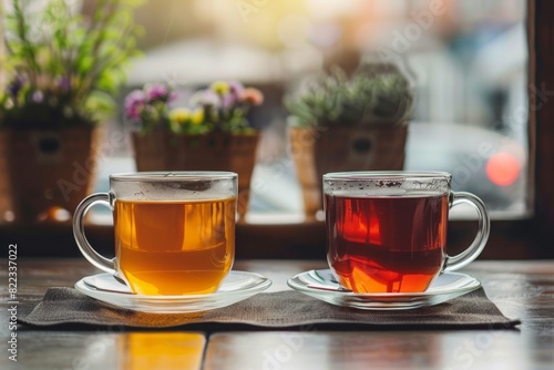 Two cups of tea on a table next to a window