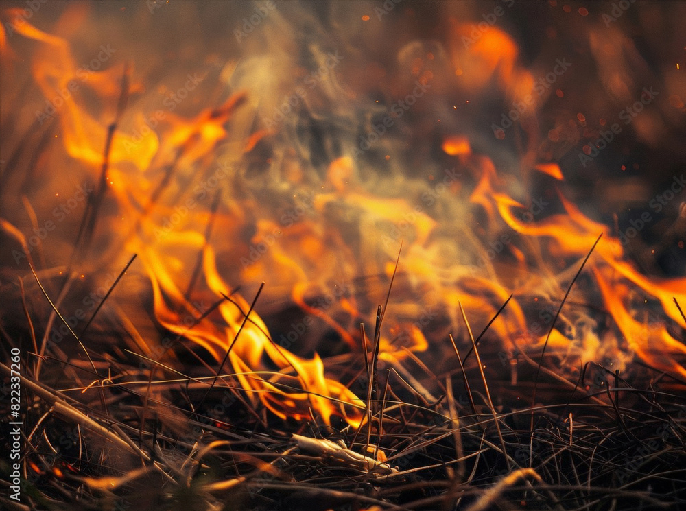 Burning dry grass in the forest. The beginning of a forest fire. Arson of dry grass. The theme of forest fires. Burning dry grass in the forest. The beginning of a forest fire. Arson of dry grass. The theme of forest fires.