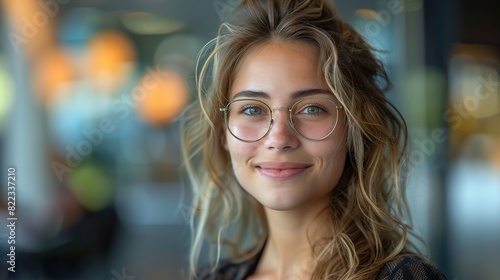 young happy cheerful professional business woman happy laughing female office worker wearing glasses looking away at copy space advertising job opportunities or good business services.illustration