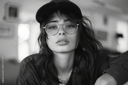 Stylish Black and White Portrait of Young Woman in Casual Wear and Glasses