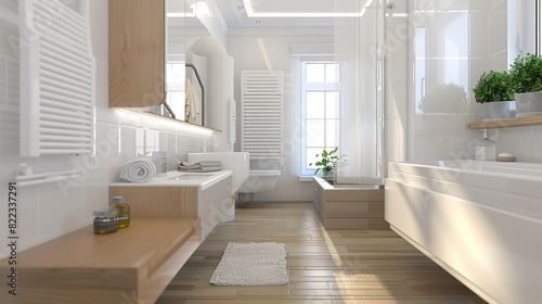 Elegant modern bathroom  water heater  large mirror  and pristine washbasin sink focus.