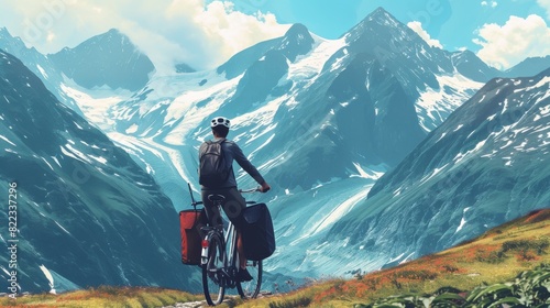 A cyclist with panniers stops on a mountain trail to admire the breathtaking view of snow-capped peaks and lush valleys, symbolizing adventure and freedom. photo