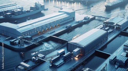 advanced maritime hub at a deep sea port, featuring high-tech logistics and smart storage facilities, in a sleek, modern style. --ar 16:9 --style raw Job ID: 881c8854-f847-46ff-bf03-f6a2732396c5
