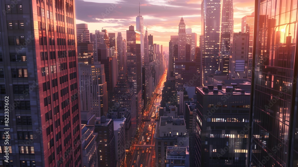Fototapeta premium A dazzling cityscape at night, skyscrapers pierce a vibrant twilight sky