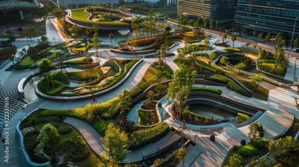 Aerial photograph of a futuristic urban park, featuring innovative green spaces and modern architecture --ar 16:9 --style raw Job ID: 5e8e3ef3-7467-4877-a10f-b13eda912884