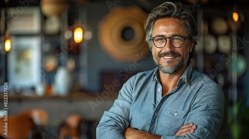 happy male executive company owner corporate manager leader in office confident smiling business man professional coach wear glasses stand arms crossed staring at camera.photo illustration © Claudine