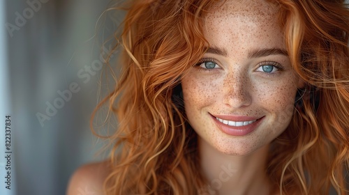 close up portrait of a smiling brunette model with long curly red hair and glamorous makeup.stock image photo