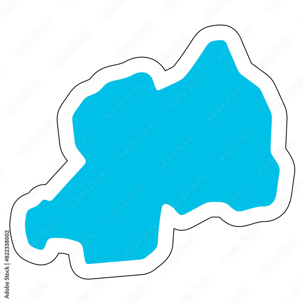 Rwanda country silhouette. High detailed map. Solid blue vector sticker with white contour isolated on white background. Rwanda country silhouette. High detailed map. Solid blue vector sticker with white contour isolated on white background.