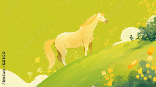 Cavalo bege no campo verde - Ilustração infantil fofa, delicada e alegre - arte colorida