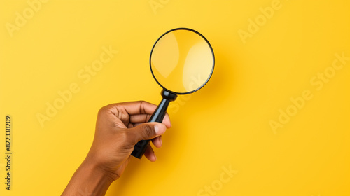 Hand holding magnifying glass on isolated yellow