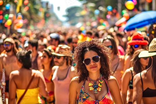 View of a crowd of people, tourists, brightly dressed and walking along the street near the beach on a sunny day at the Rio Carnival, Rio de Janeiro, Brazil © Oleh