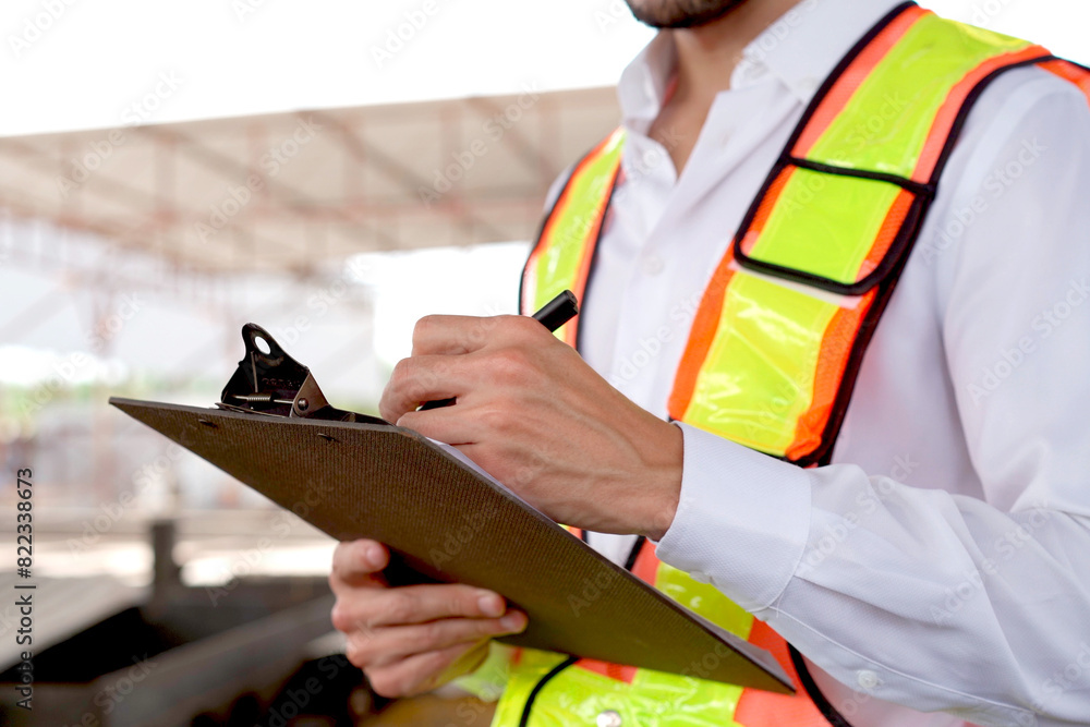 Hispanic male engineer working at construction site. Hispanic male engineer working at construction site.