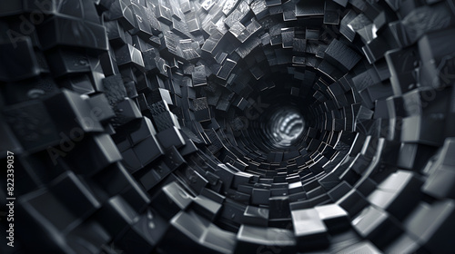 dark tunnel with a maze in it ,Abstract 3d rendering of chaotic black and white tunnel , Futuristic background