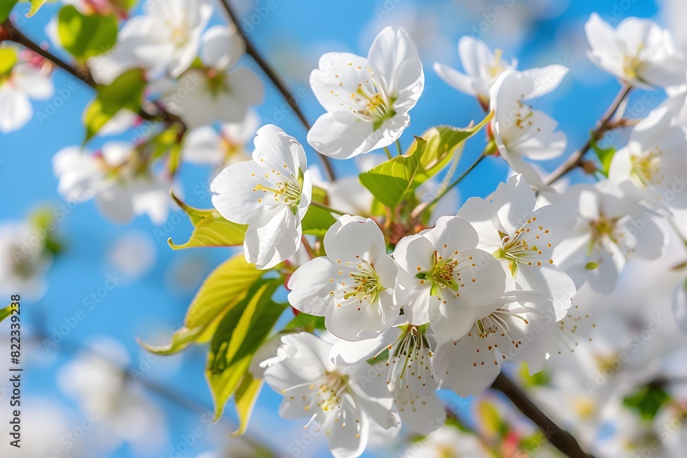 White Cherry Blossoms on Tree Branches Against Blue Sky White Cherry Blossoms on Tree Branches Against Blue Sky