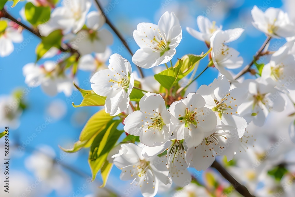 White Cherry Blossoms on Tree Branches Against Blue Sky