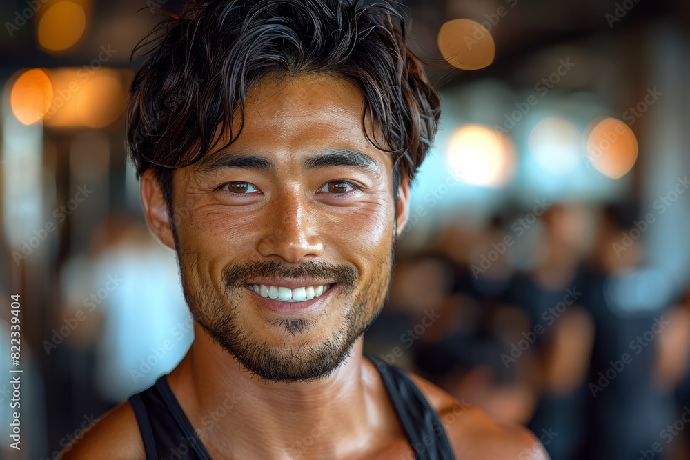 smiling portrait featuring a cheerful young male Asian fitness instructor in an indoor gym fitness center. His positive demeanor radiates enthusiasm and motivation. smiling portrait featuring a cheerful young male Asian fitness instructor in an indoor gym fitness center. His positive demeanor radiates enthusiasm and motivation.