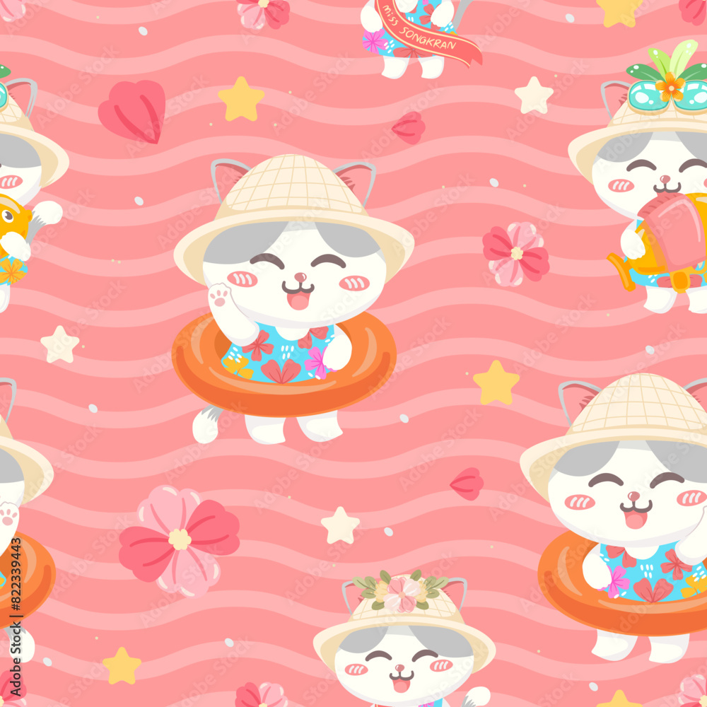 Fototapeta premium seamless pattern cute little cat cartoon In bright and cheerful clothes in summer festival. vector illustration.