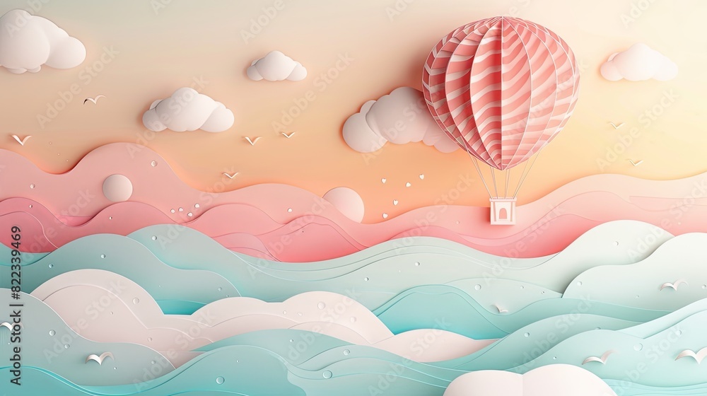 papercut background hot air balloon floating in a pastel-colored sky, creating a dreamy atmosphere papercut background hot air balloon floating in a pastel-colored sky, creating a dreamy atmosphere