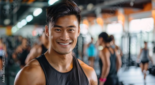 smiling portrait featuring a cheerful young male Asian fitness instructor in an indoor gym fitness center. His positive demeanor radiates enthusiasm and motivation.