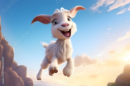 cute cartoon goat is jumping high in the air