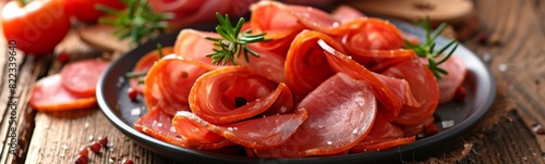 Plate of sliced meat on a table, processed meats food product photo