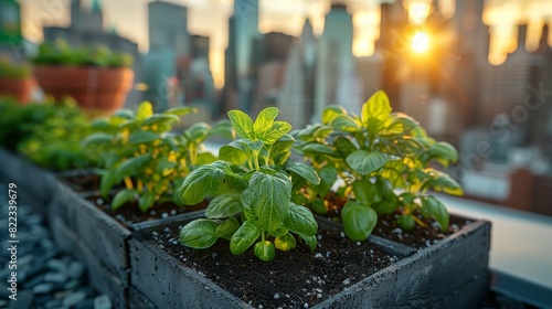 city rooftop garden with raised beds hosts a variety of fresh herbs and vegetables, embodying a sustainable living example with stunning cityscape vistas photo