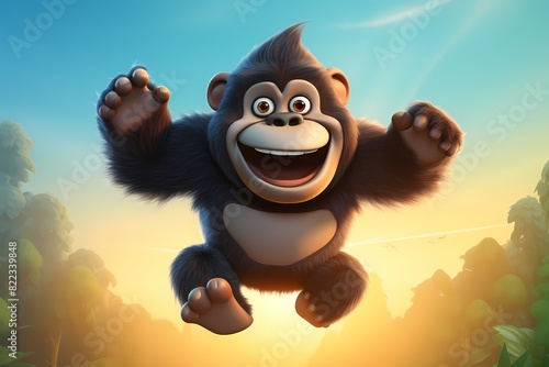 cute cartoon gorilla is jumping high in the air
