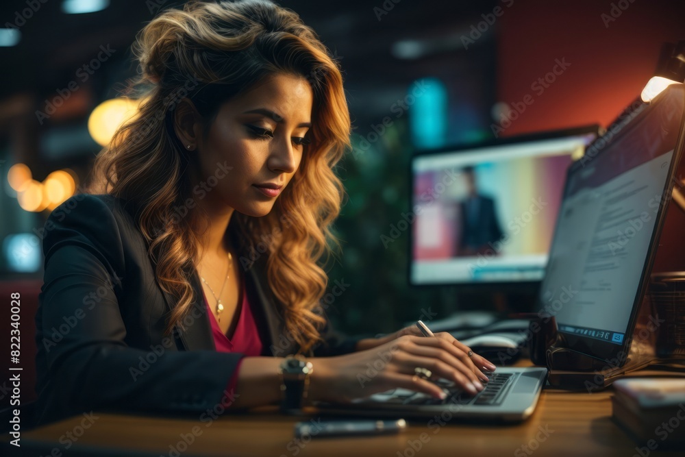 female accountant typing on laptop making financial report female accountant typing on laptop making financial report