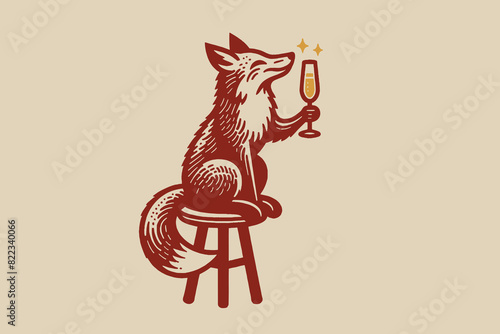 Cute fox drinks sparkling wine.  Vintage retro illustration, emblem logo.