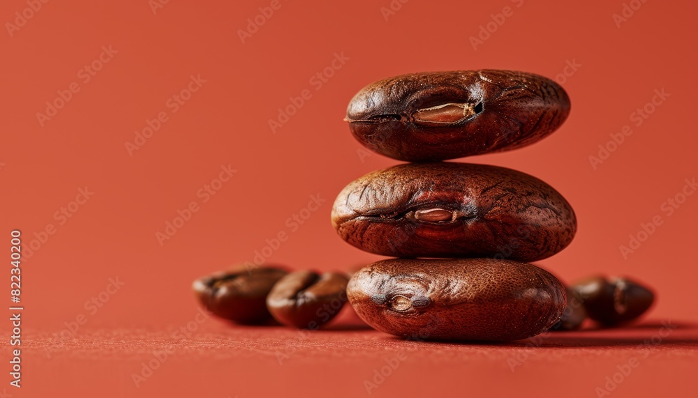 Close-up of a stack of roasted coffee beans on a red background, showcasing texture and rich color, perfect for food and beverage themes. Close-up of a stack of roasted coffee beans on a red background, showcasing texture and rich color, perfect for food and beverage themes.