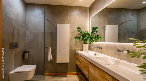 Sleek water heater in chic bathroom  mirror and washbasin sink creating symmetry.