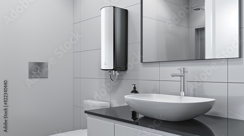 Sleek water heater in modern bathroom  stylish mirror  and elegant washbasin sink.