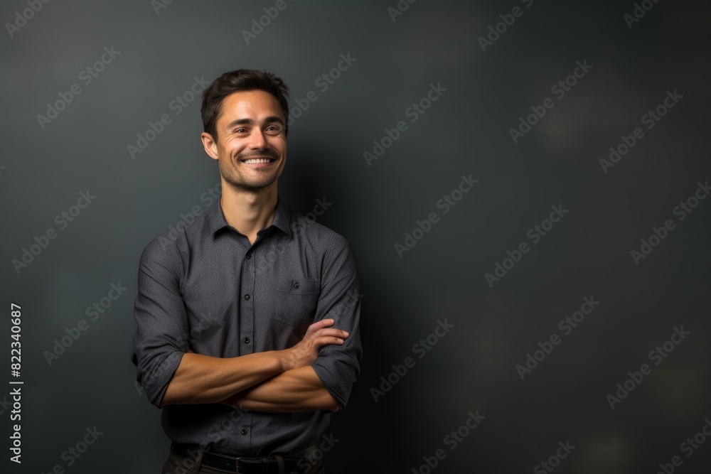 Portrait of a jovial man in his 30s with arms crossed in front of plain cyclorama studio wall