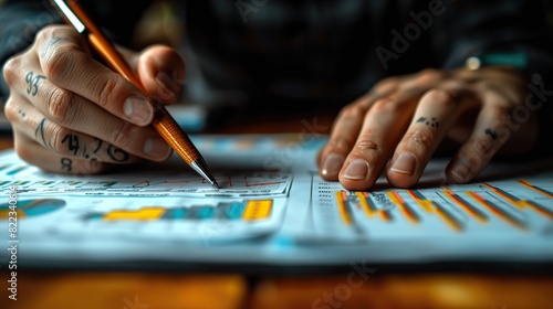 analysts in the workplace are studying financial data for marketing strategy at the workspace and there is a stack of bi dashboard paper format with graphs and charts.stock photo photo