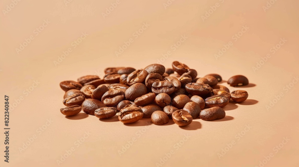 Close-up of roasted coffee beans on a light brown background. Perfect for themes of coffee, aroma, and freshness. Close-up of roasted coffee beans on a light brown background. Perfect for themes of coffee, aroma, and freshness.