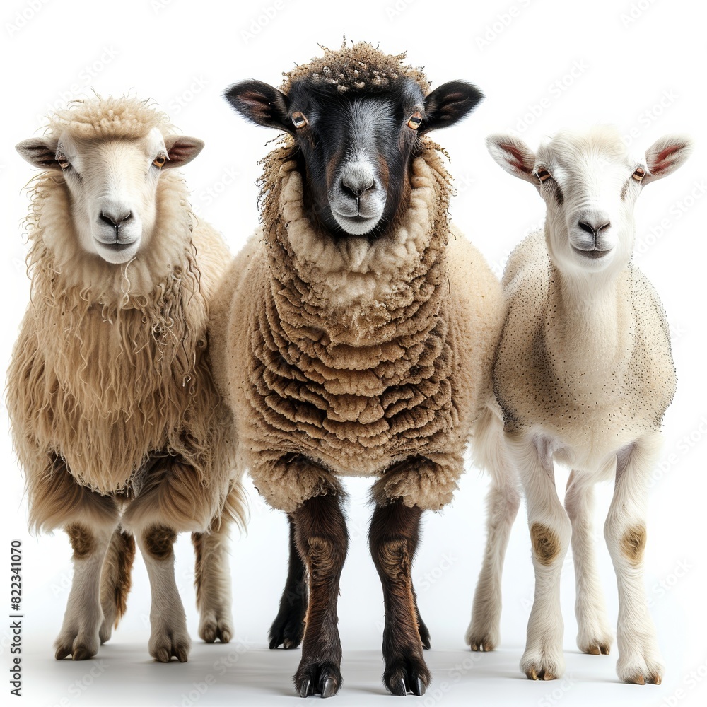 A sheep, a camel, and a goat, full, on white background. Generative AI.