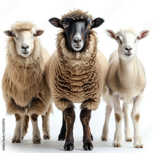 A sheep, a camel, and a goat, full, on white background. Generative AI.