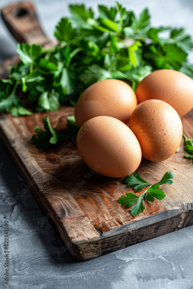 Fresh Farm Eggs and Parsley on Wooden Cutting Board in Rustic Kitchen Fresh Farm Eggs and Parsley on Wooden Cutting Board in Rustic Kitchen