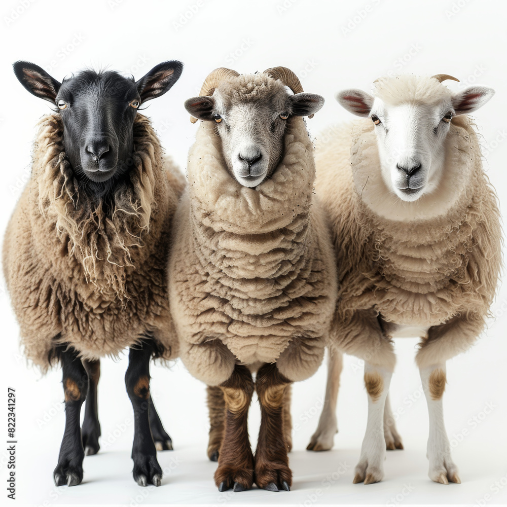 A sheep, a camel, and a goat, full, on white background. Generative AI. A sheep, a camel, and a goat, full, on white background. Generative AI.