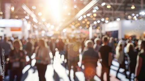 crowded trade fair with numerous booths and blurred silhouettes of business people event concept photo